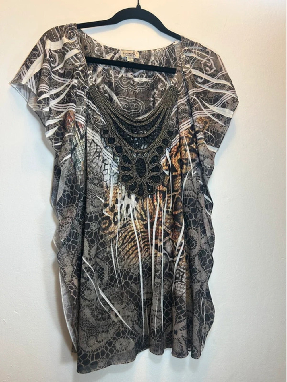 Y2K Gray Frilly Animal Print Graphic Sleeveless Dress Top with Knit Collar
